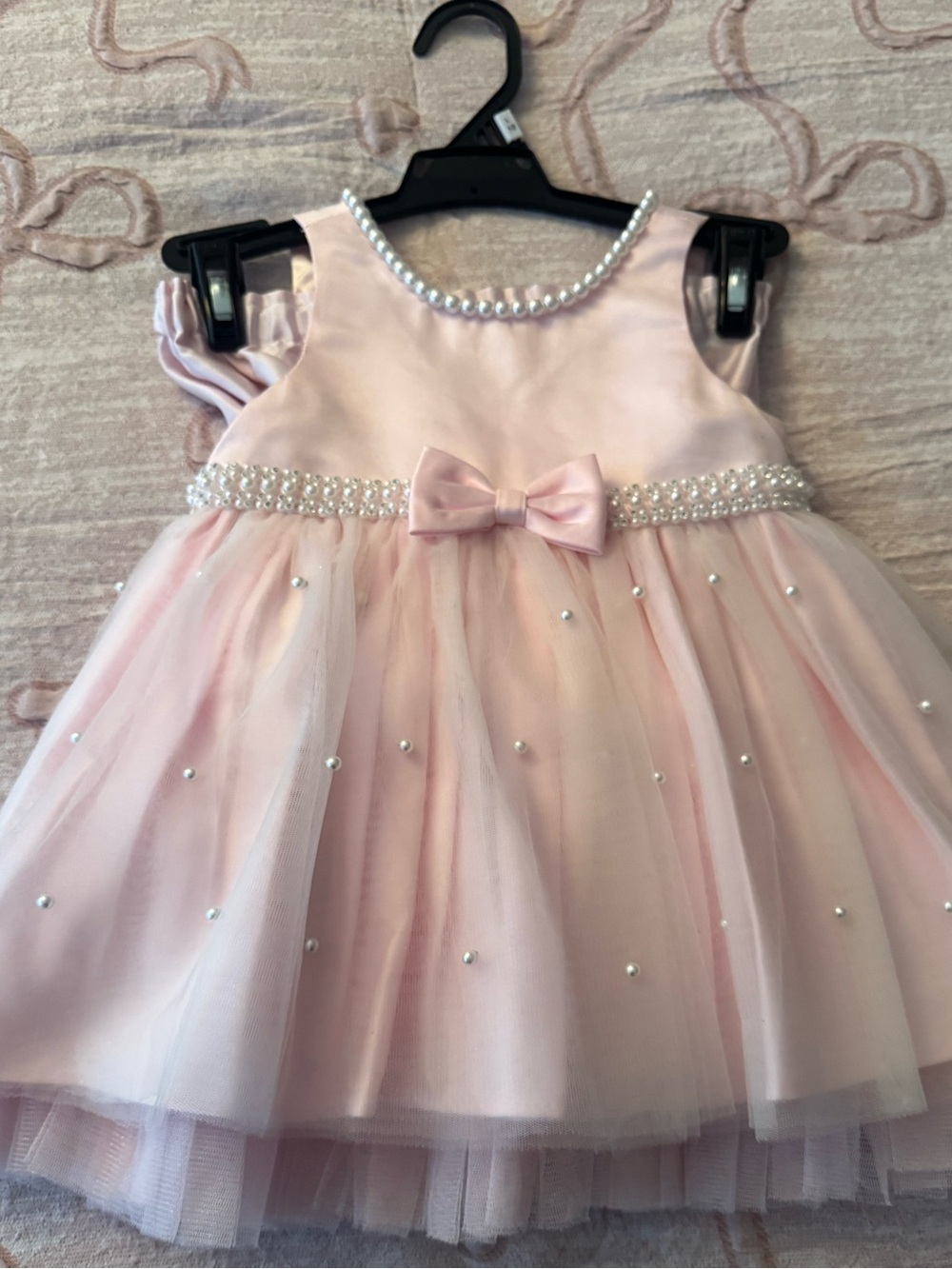 Dress Pearl-Trim Pink Tulle Dress with Bow for Girls